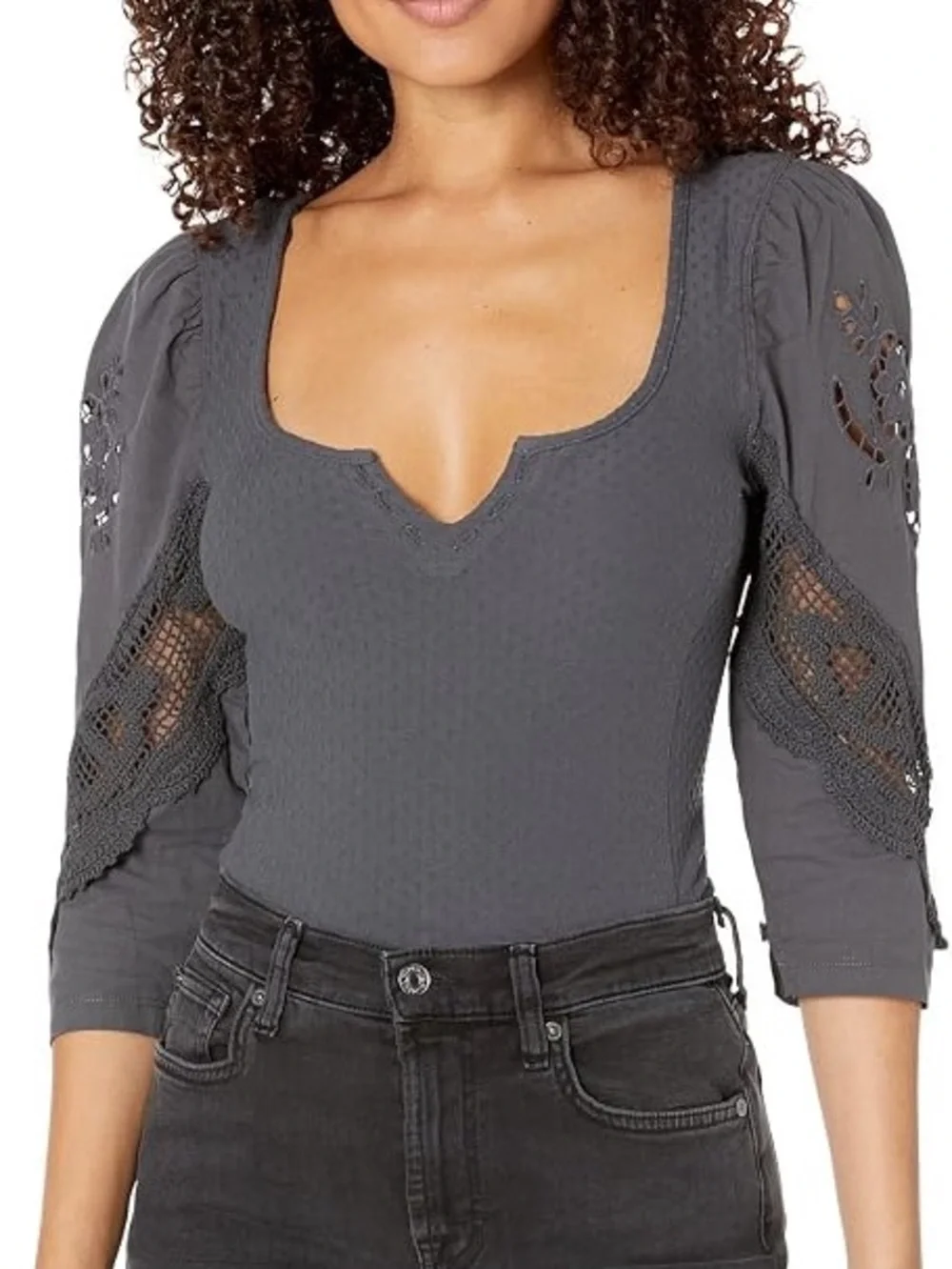 Free People Charcoal Gray Textured Scoop-Neck Blouse